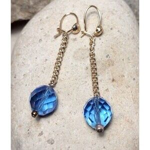 Blue Crystal Bead Gold Plated Chain Drop Dangle Earrings